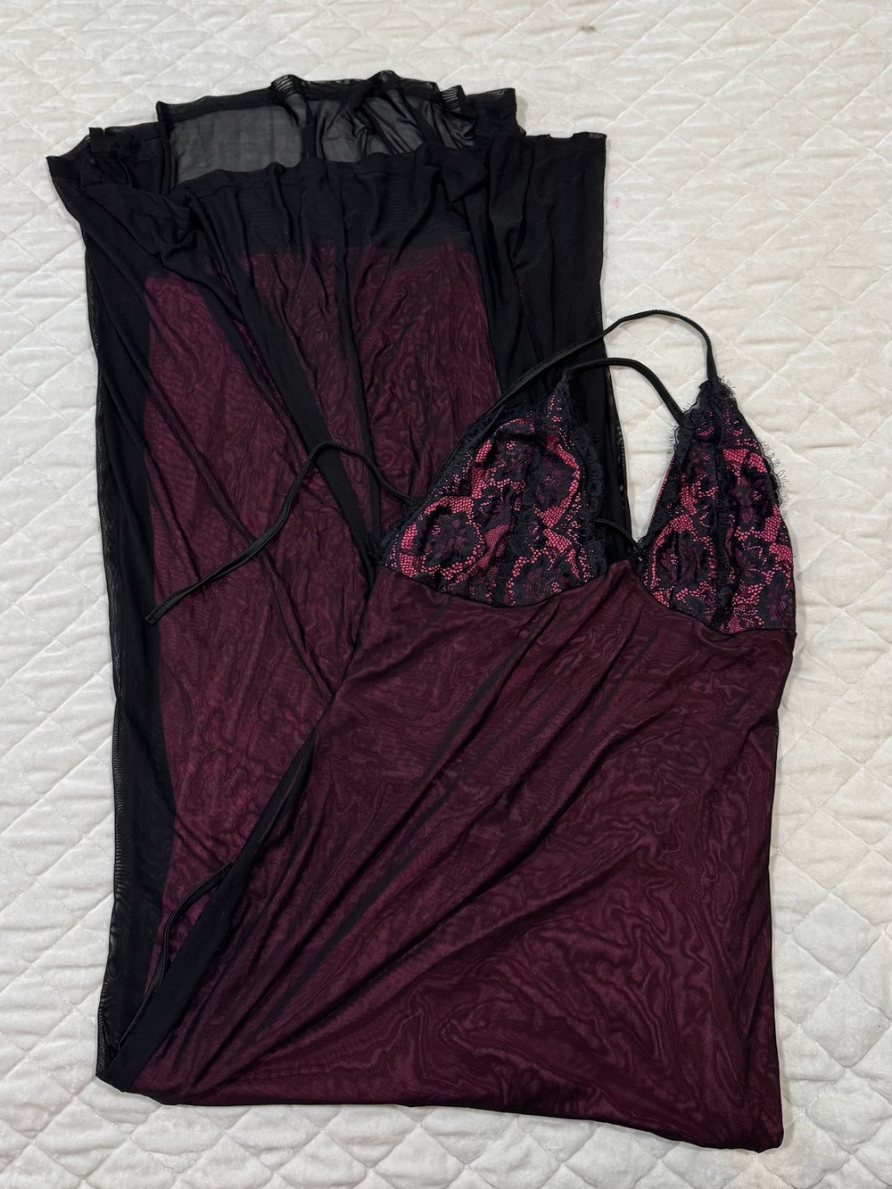 Sheer Lace-Detail Burgundy and Black Chemise